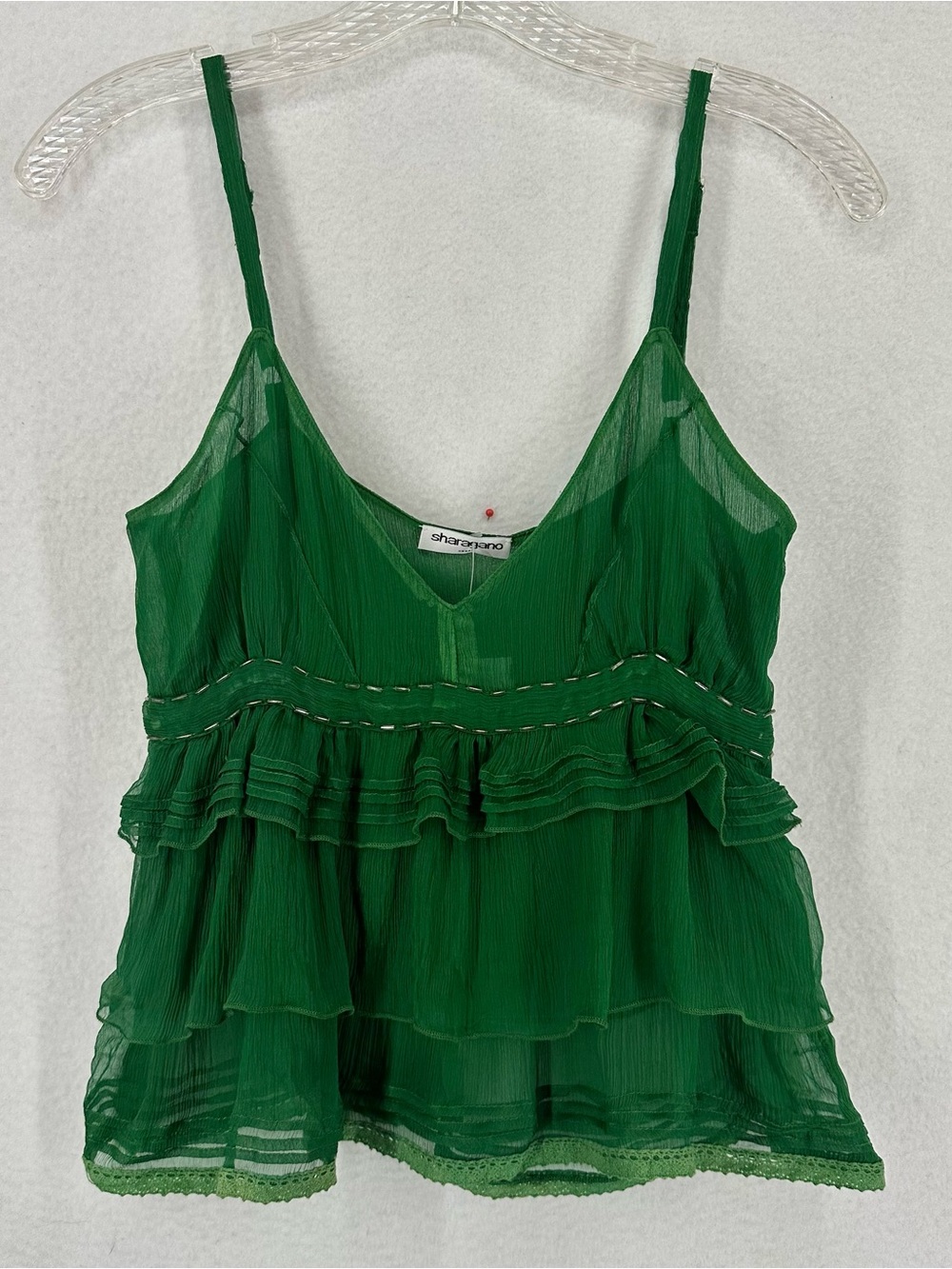 NWT Sharagano Silk Ruffle Cami Top Women’s Small Green Y2K Tiered